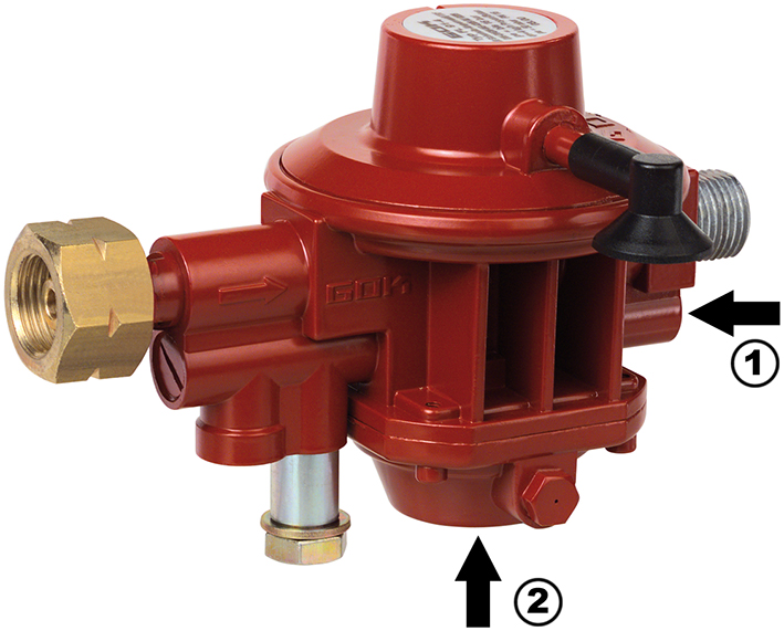 Druckregler für Anschluss an die Flüssiggasflasche ohne Rot-/Grün-Sichtanzeige: Über eine Druckschraube (1) unterhalb des Ausgangsanschlusses wird das OPSO (2) entriegelt.