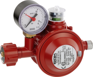 Druckregler für den Betrieb geeigneter Gasgeräte innerhalb eines Gebäudes mit Überdrucksicherheitseinrichtung S2SR und thermischer Absperreintichtung TAE.