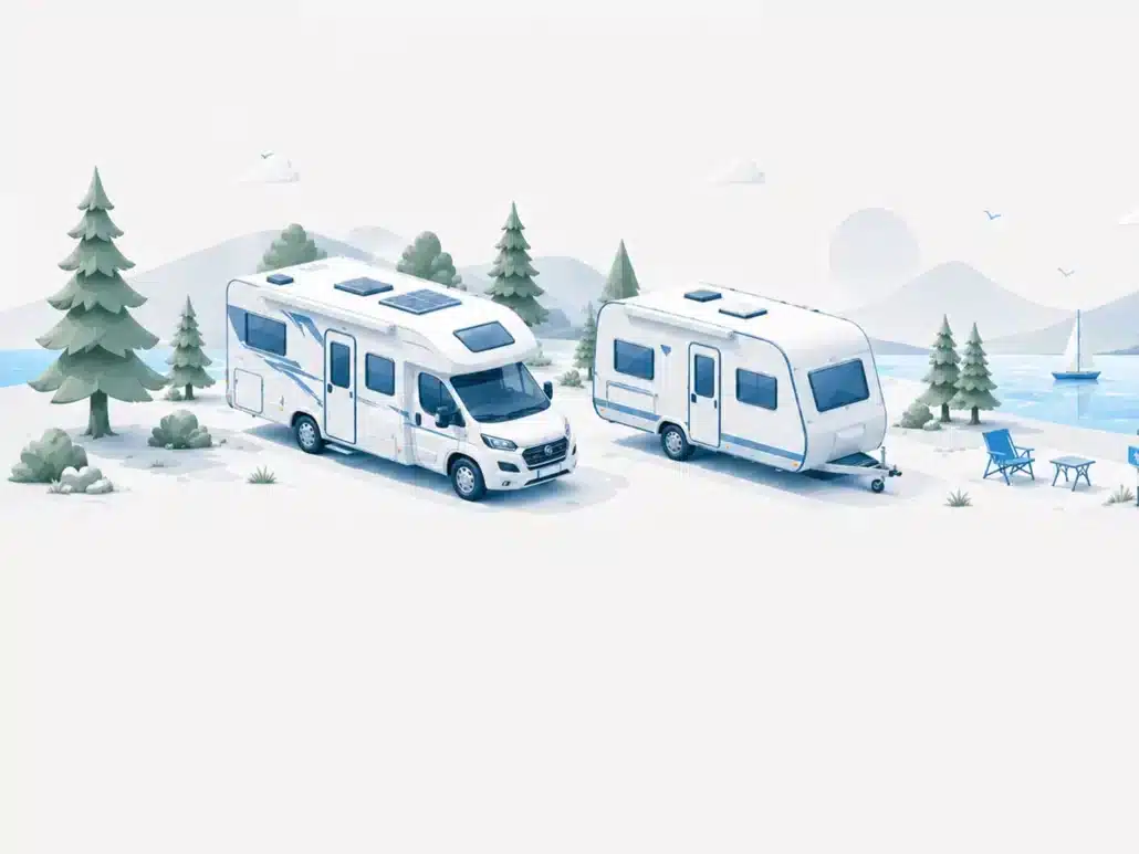 Wohnmobil und Wohnwagen stehen in der Natur in der Nähe eines Gewässer und symbolisieren die Kategorie Camping+Freizeit im GOK-Blog-3 Wohnmobil und Wohnwagen stehen in der Natur in der Nähe eines Gewässer und symbolisieren die Kategorie Camping+Freizeit im GOK-Blog-3