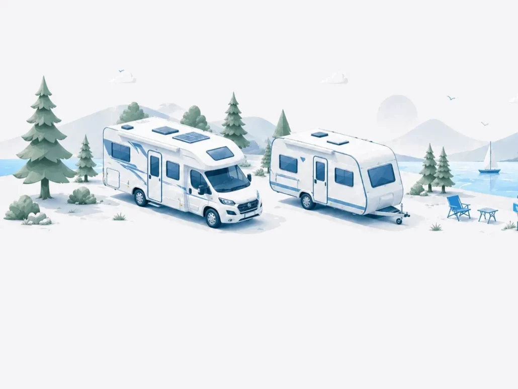 Wohnmobil und Wohnwagen stehen in der Natur in der Nähe eines Gewässer und symbolisieren die Kategorie Camping+Freizeit im GOK-Blog-3 V2 Wohnmobil und Wohnwagen stehen in der Natur in der Nähe eines Gewässer und symbolisieren die Kategorie Camping+Freizeit im GOK-Blog-3 V2